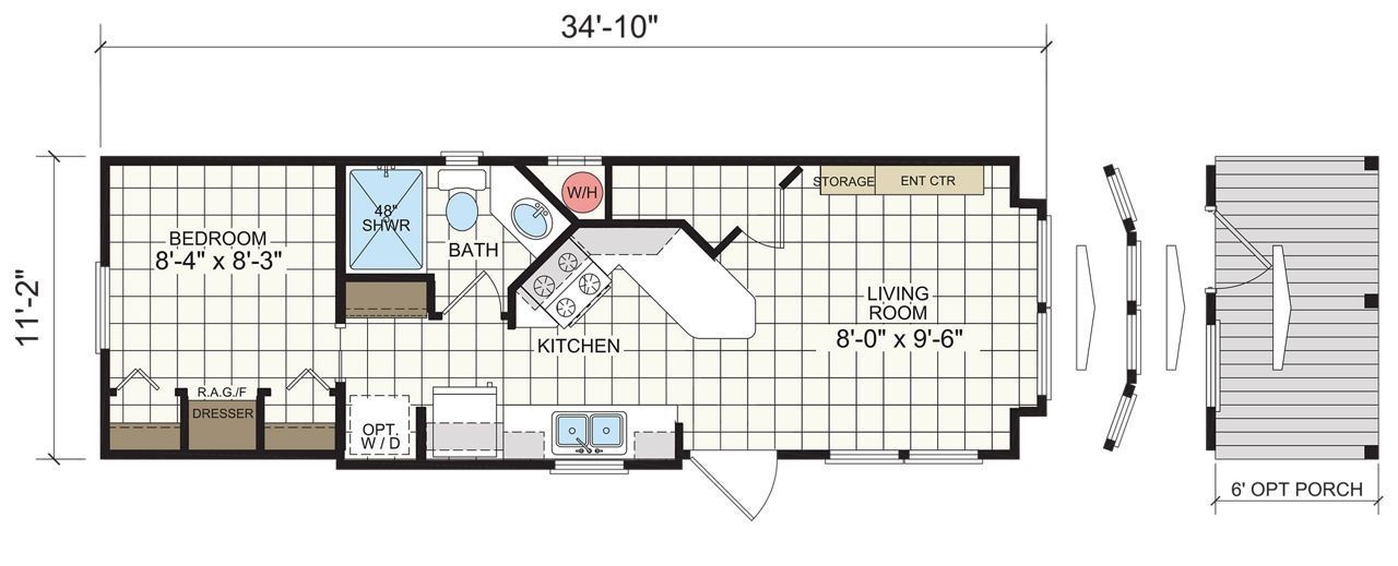 Apartment floor plan with kitchen, bathroom, bedroom, living area, and balcony layout shown in black and beige