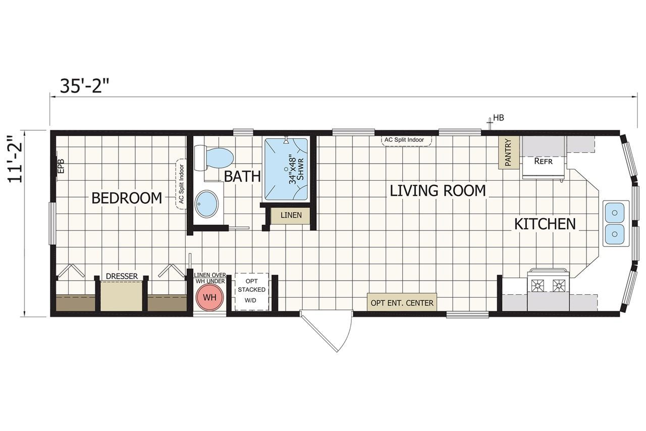 Floor plan of a small apartment with bedroom, bath, living room, kitchen, and closets.