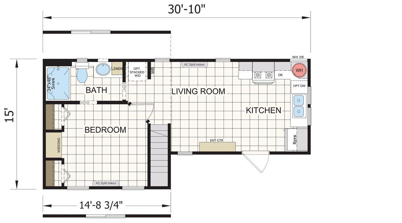 Floor plan of a small apartment with bedroom, bathroom, kitchen, and living room labeled.