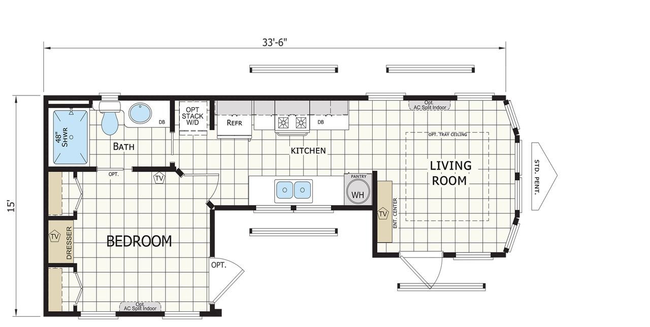 Floor plan of a small apartment with bedroom, bath, kitchen, and living room labeled.
