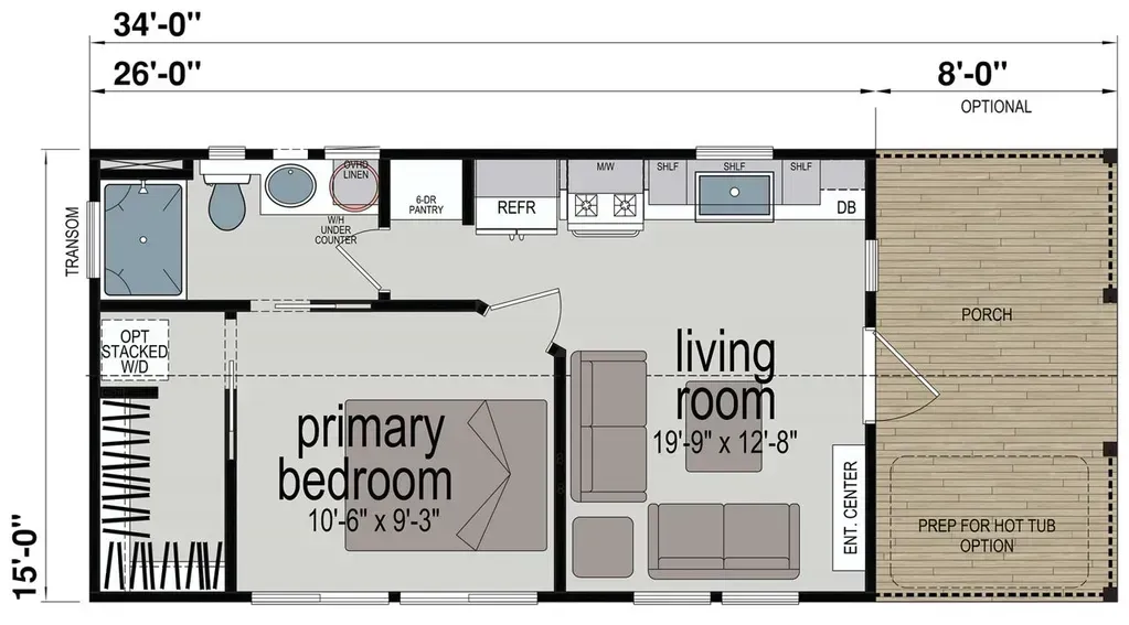 Floor plan of a 34' by 15' tiny home featuring a living room, kitchen, bathroom, primary bedroom, and an 8' front porch.