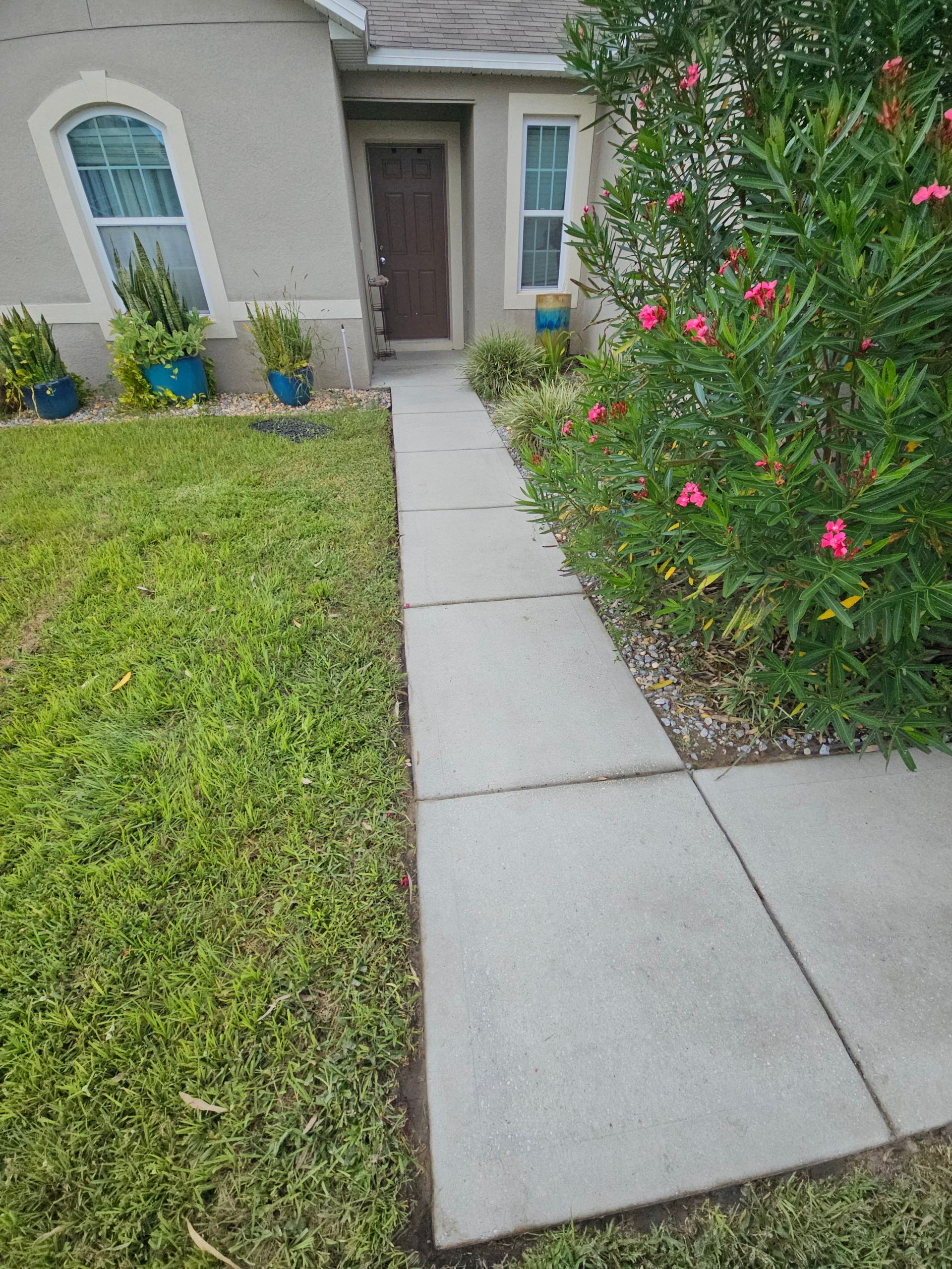 A house with a lush green lawn and a sidewalk in front of it.