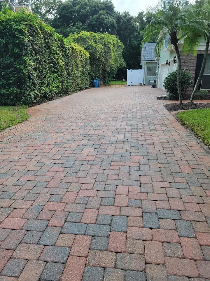 A brick driveway leading to a house with palm trees
