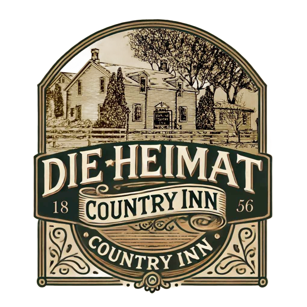 Logo for Die Heimat Country Inn, featuring a sketch of a historic building with the text "1856" in a decorative frame.