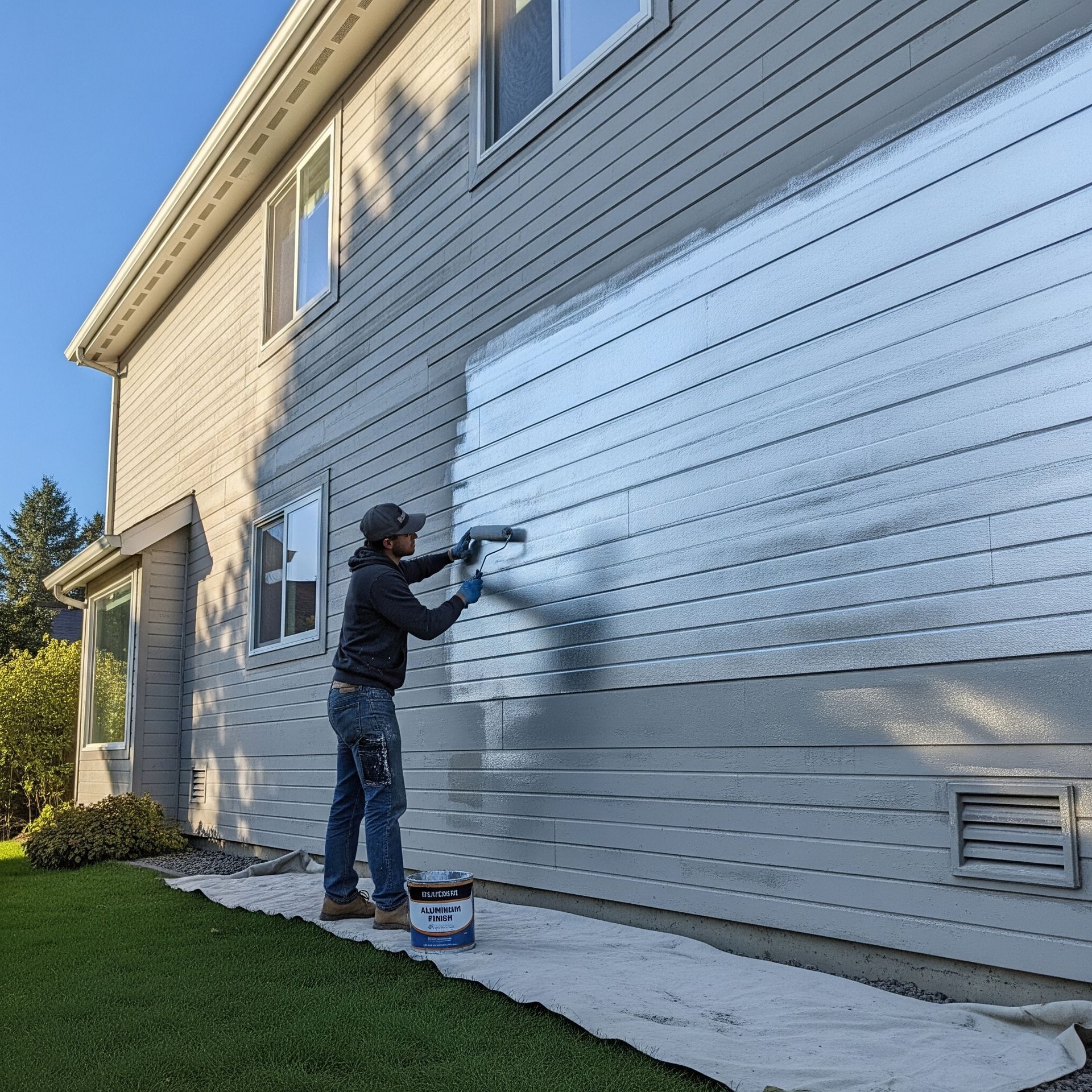 A person applying a new aluminum finish to the siding of a house with a paint roller.