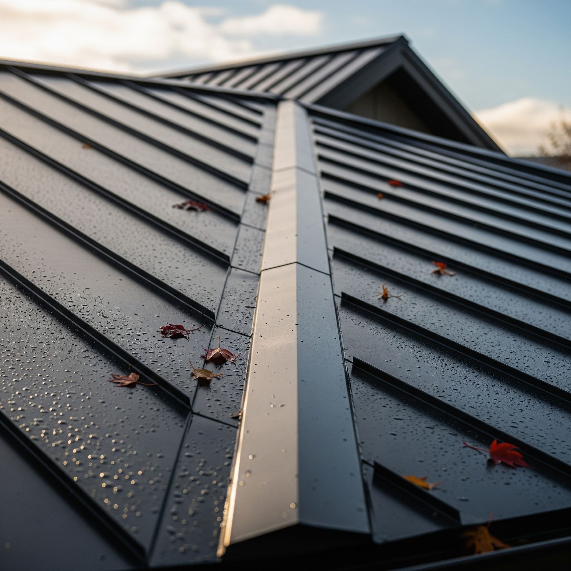 A close-up of a modern metal roof with standing seam panels, wet with rain and autumn leaves.