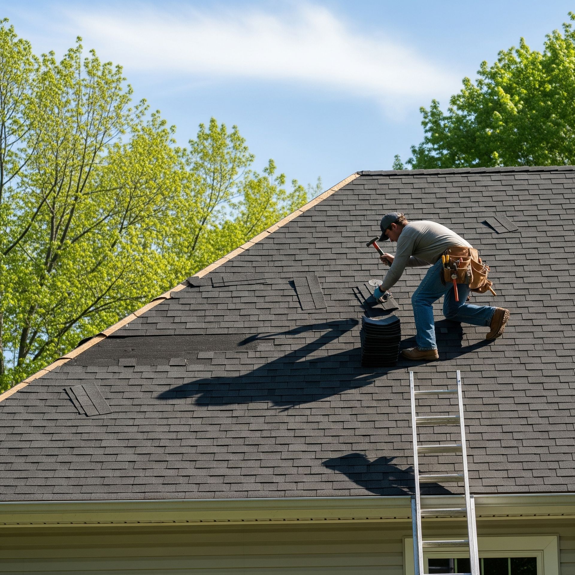 A person repairing a shingle roof with a hammer, with new shingles stacked beside them.