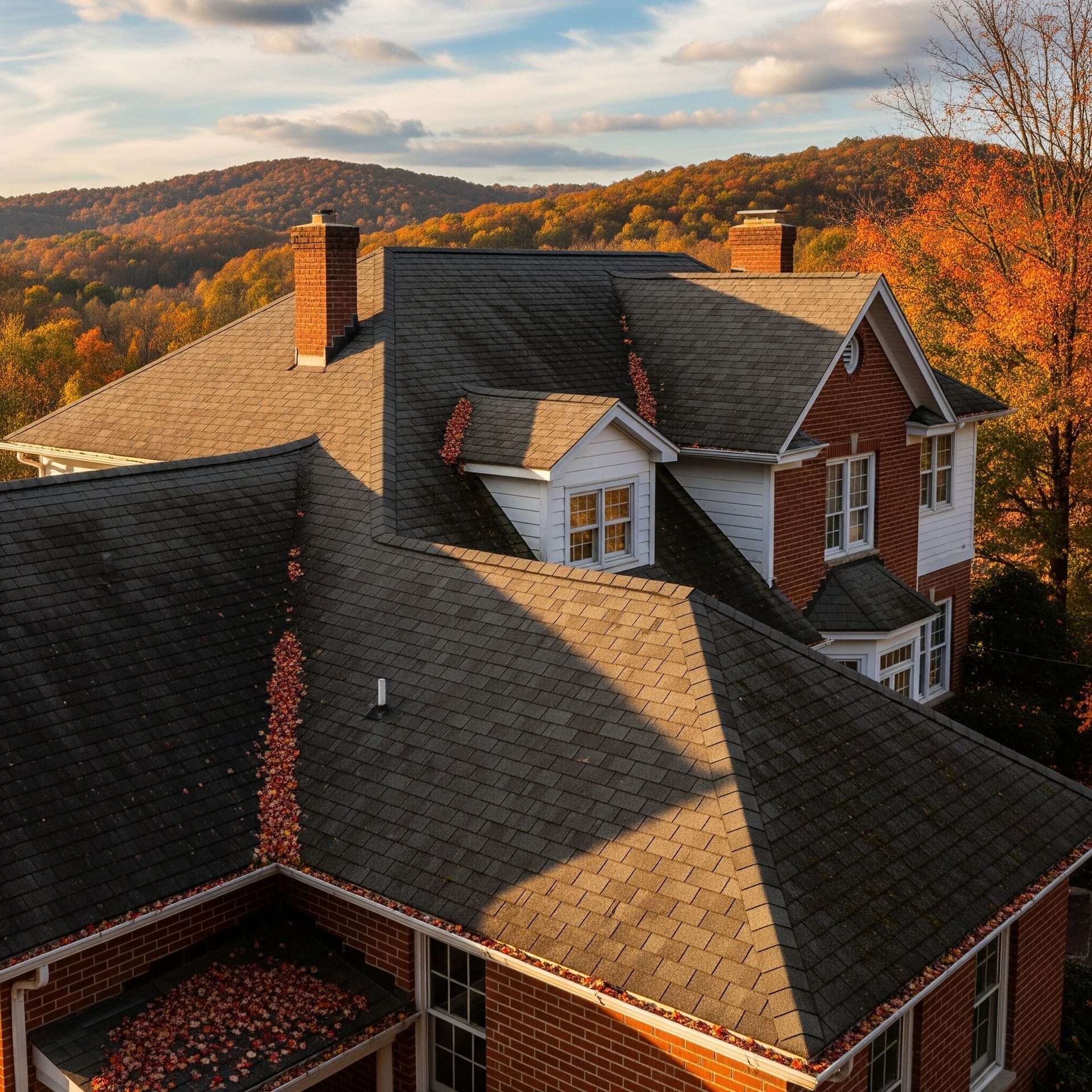 A residential house roof in Pennsylvania, showing architectural shingles and fallen autumn leaves.