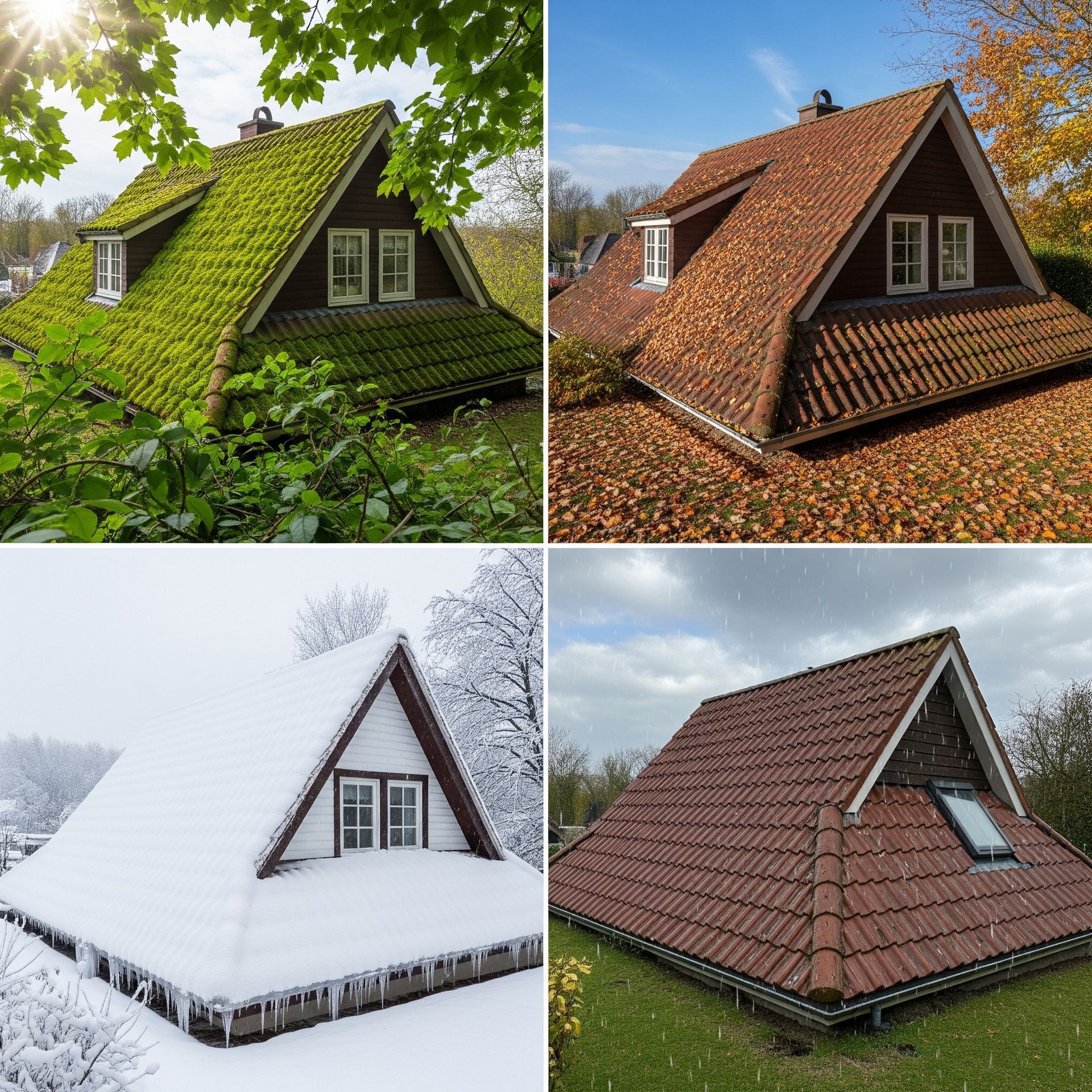 A grid of four images showing a house roof in summer, autumn, winter, and spring.
