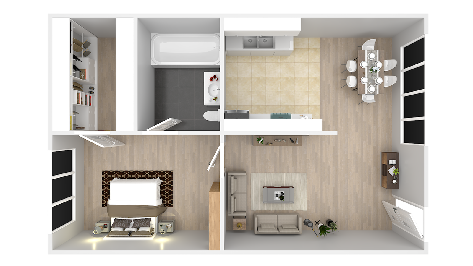 Top-down floor plan of a modern apartment with kitchen, living room, bedroom, bathroom, and balcony.