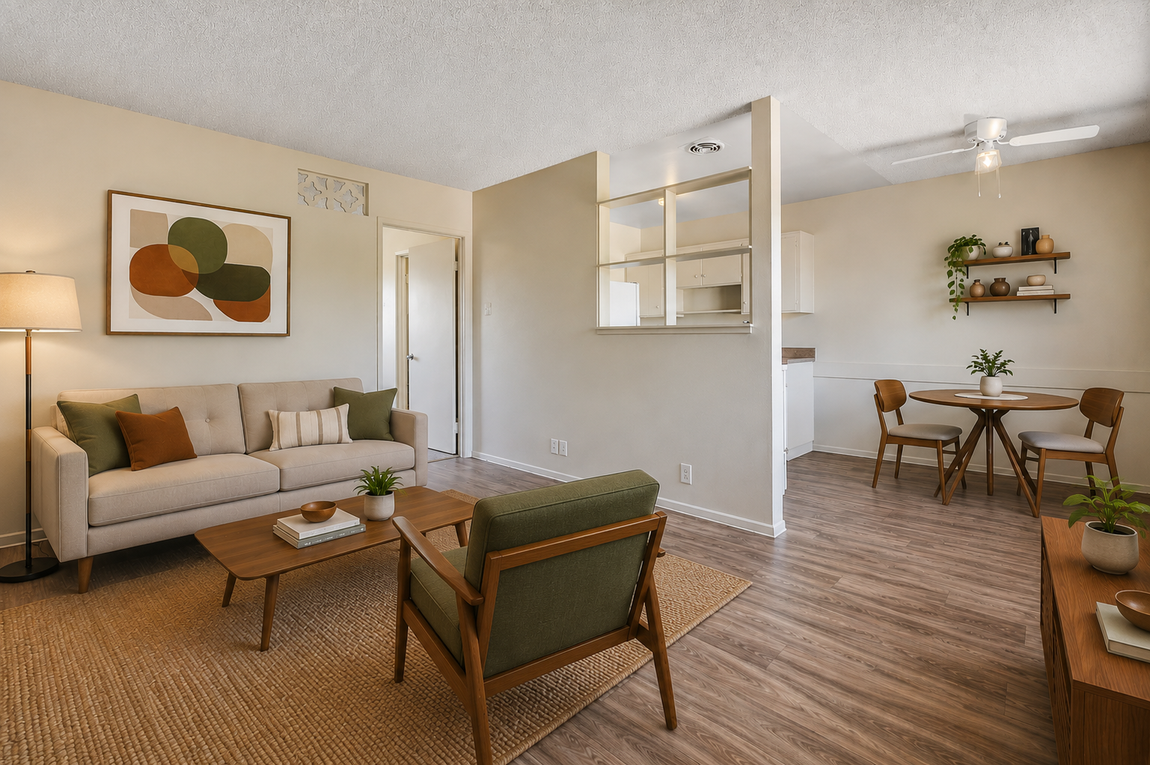 Bright living room with beige sofa, green chair, wall art, and small dining table by the window.