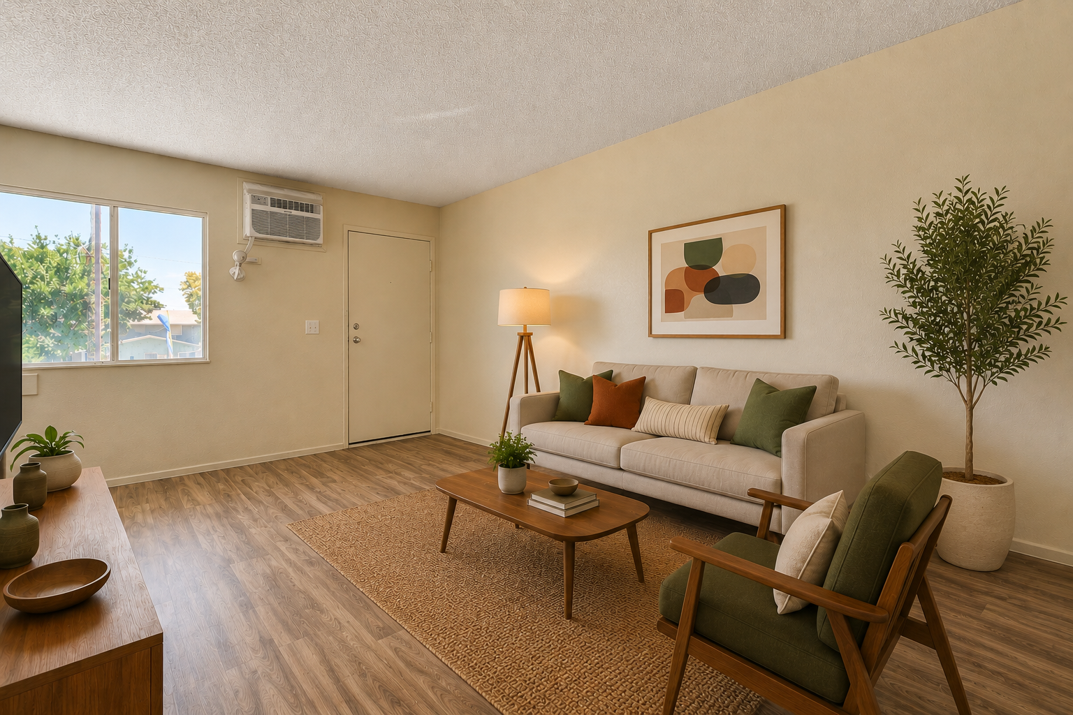 Bright living room with beige sofa, wooden chair, coffee table, lamp, wall art, and large window.