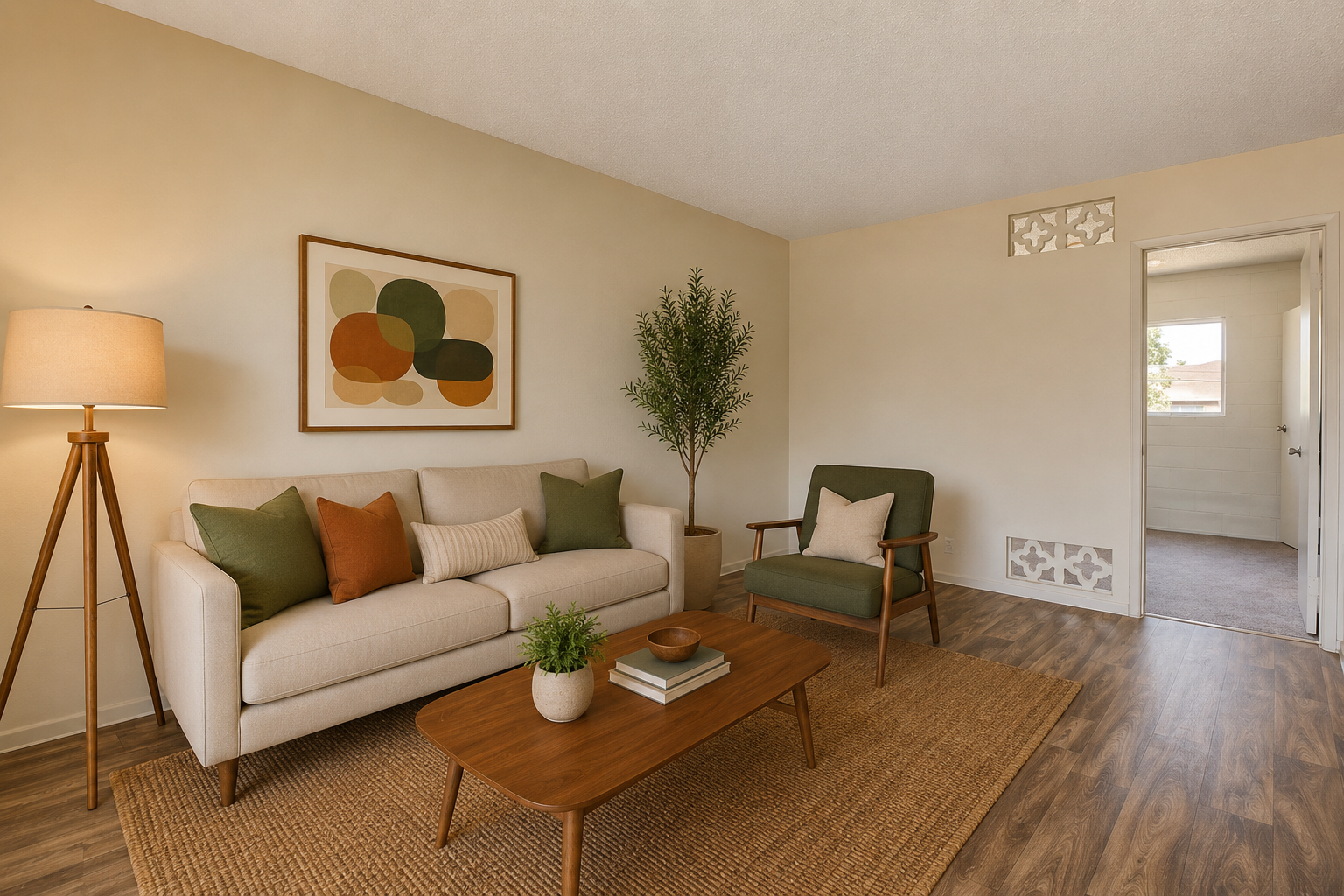 Bright living room with beige sofa, wooden coffee table, chair, floor lamp, and wall art in warm neutral tones