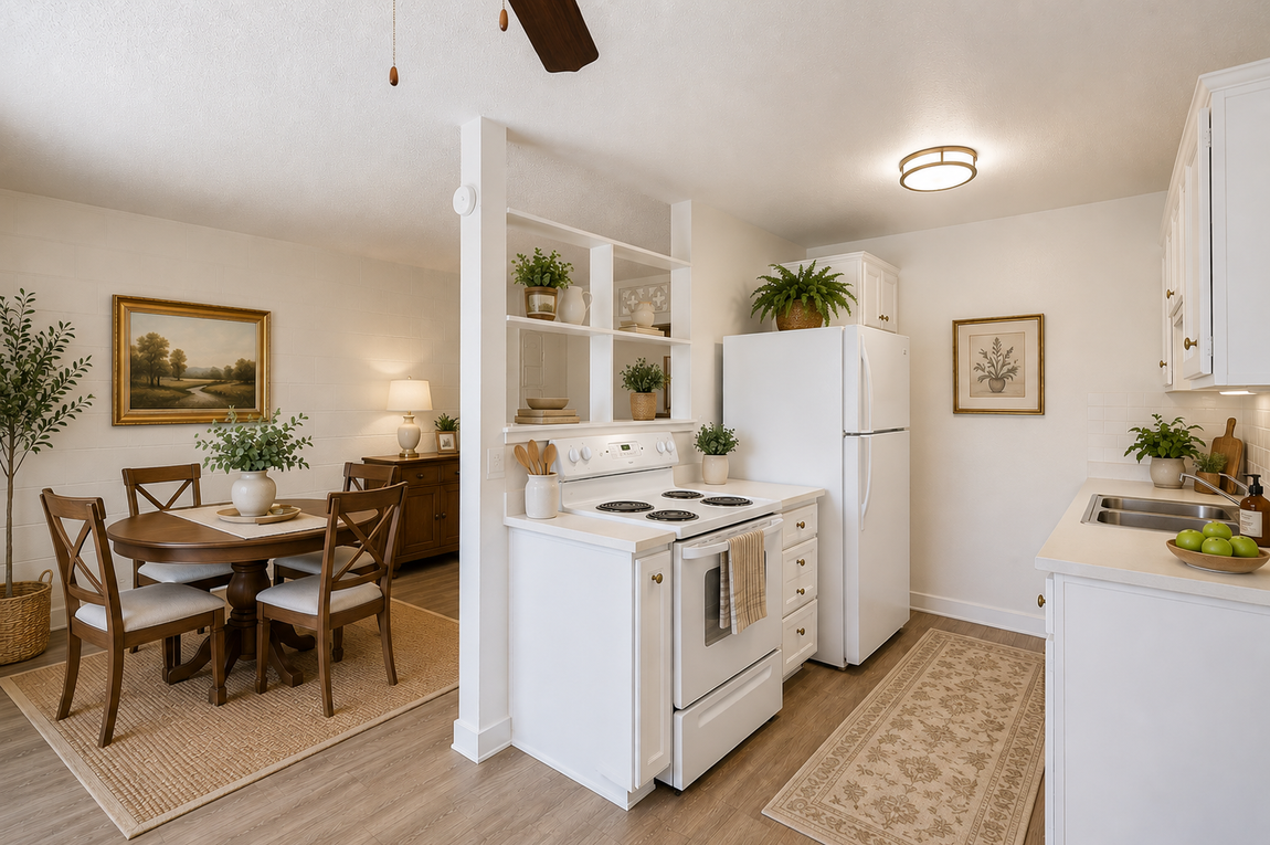 Bright white kitchen with dining area, wooden table, potted plants, and a fridge on a woven rug