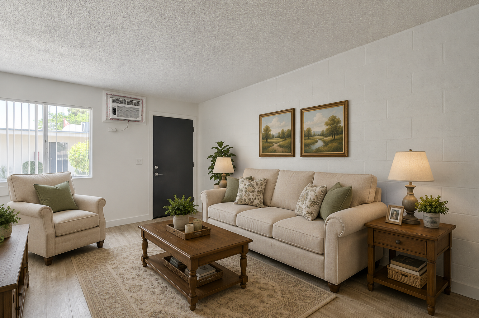 Bright living room with beige sofa, armchair, coffee table, lamp, and framed wall art