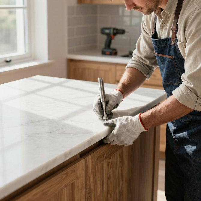 A person in a denim apron and work gloves uses a tool to mark a white marble countertop in a kitchen.