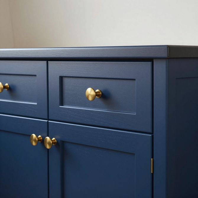 A navy blue cabinet with recessed paneling and matching dark top, accented with round, brushed gold knobs.