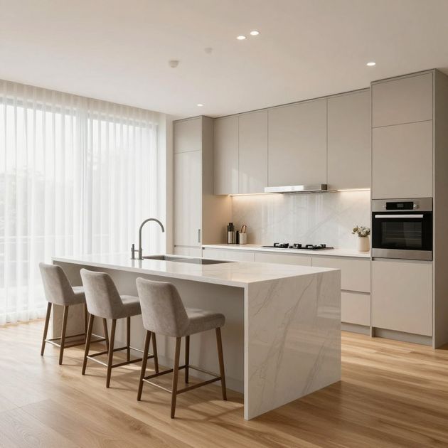 A modern kitchen with a stone-topped island, three grey bar stools, light wood floors, and neutral cabinets.