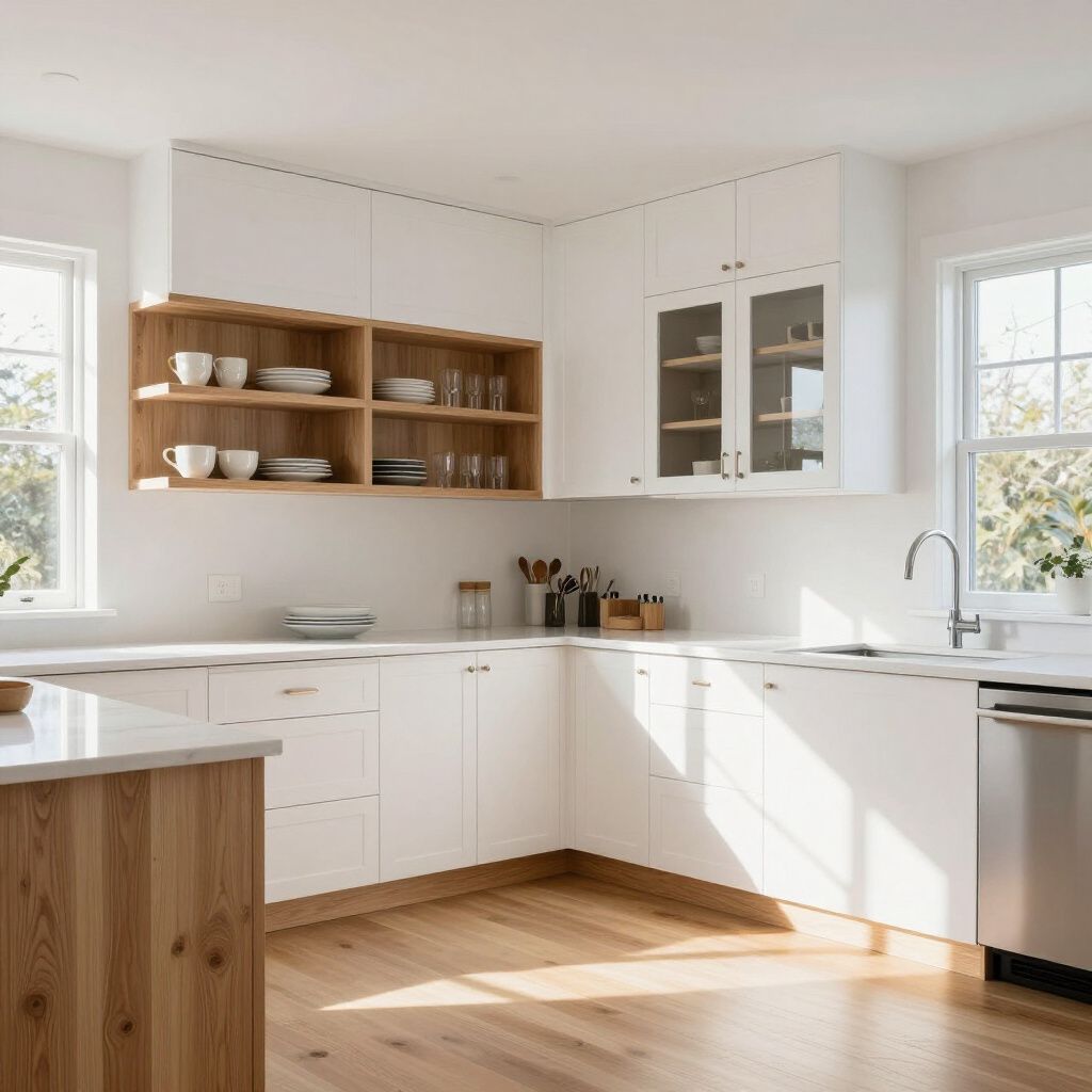 A bright kitchen featuring white cabinets, wood open shelving, a white countertop, and light wood flooring.