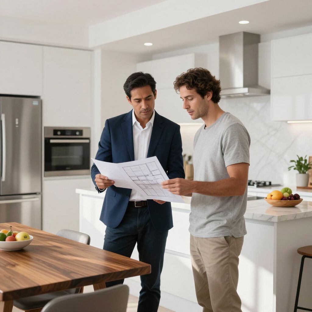 A professional in a suit and a person in a t-shirt review architectural blueprints together in a modern white kitchen.