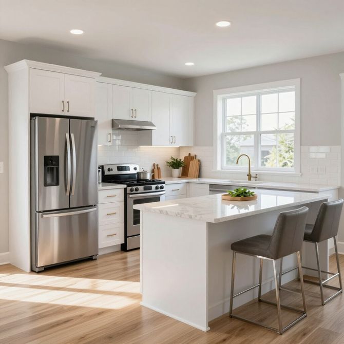A modern kitchen featuring white cabinets, stainless steel appliances, a marble-topped island, and two grey bar stools.