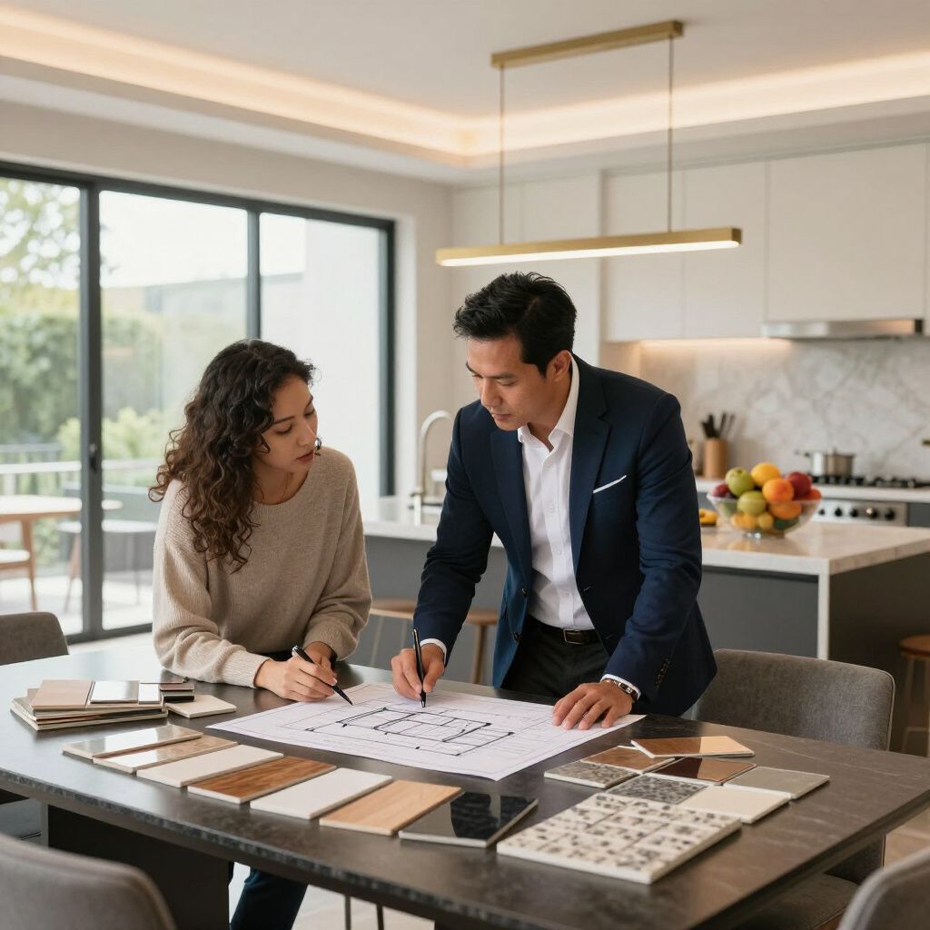 A designer and client review architectural blueprints and material samples on a large table in a modern kitchen.