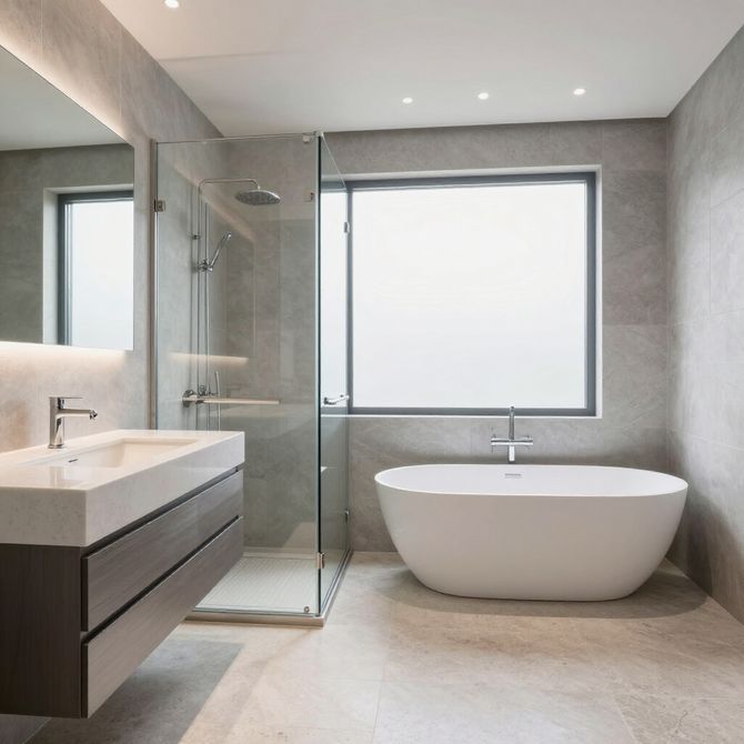Modern bathroom with a floating vanity, glass shower enclosure, and a freestanding white bathtub against a large window.