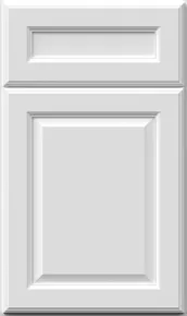 A white, raised-panel kitchen cabinet door featuring a central panel with decorative beveling.