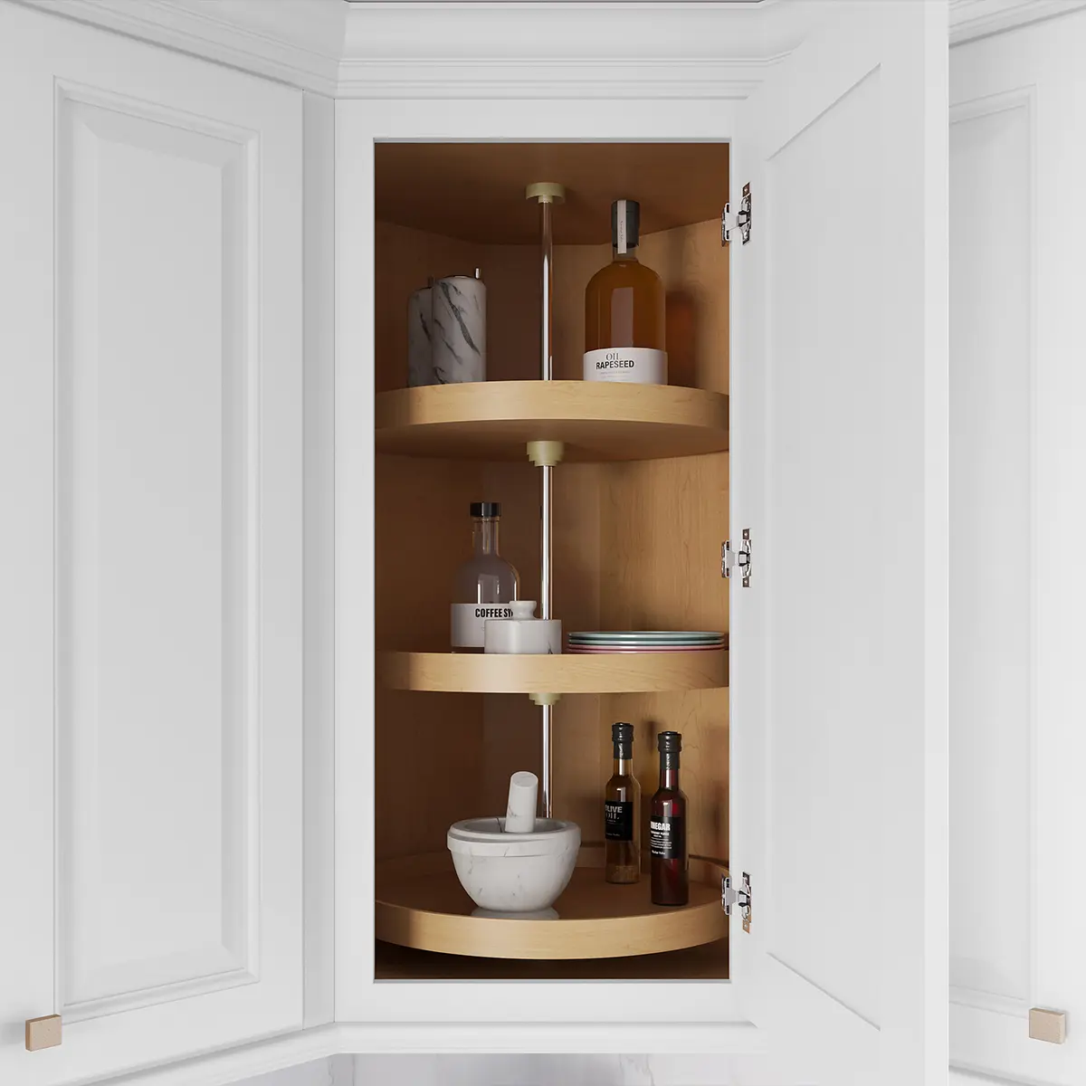 White corner cabinet with open doors, showcasing three circular, rotating wooden shelves holding kitchen items.