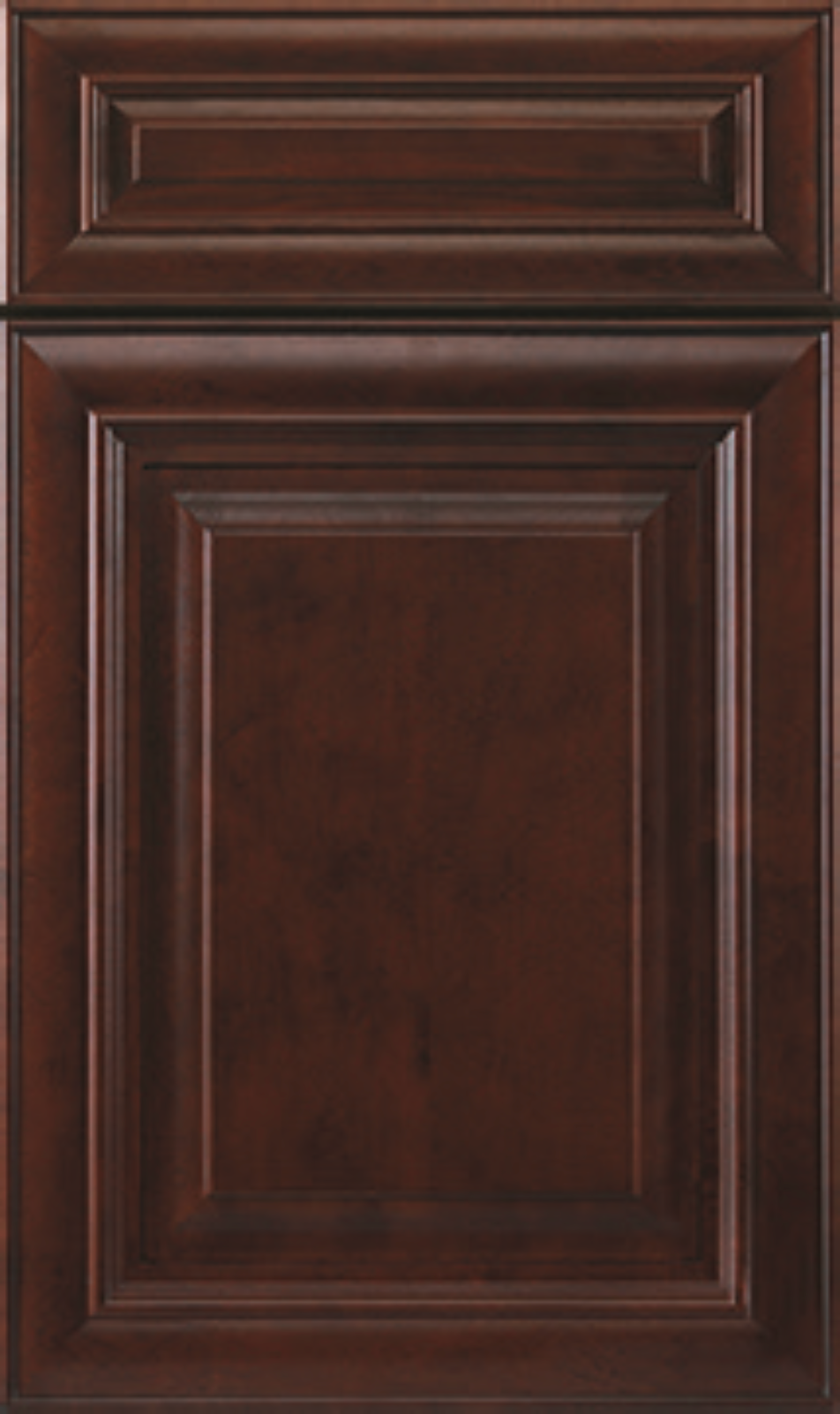 A dark brown wooden cabinet door with a raised panel design and a matching horizontal drawer front above it.
