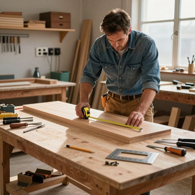 A woodworker measures a wooden board with a tape measure on a cluttered workshop workbench.