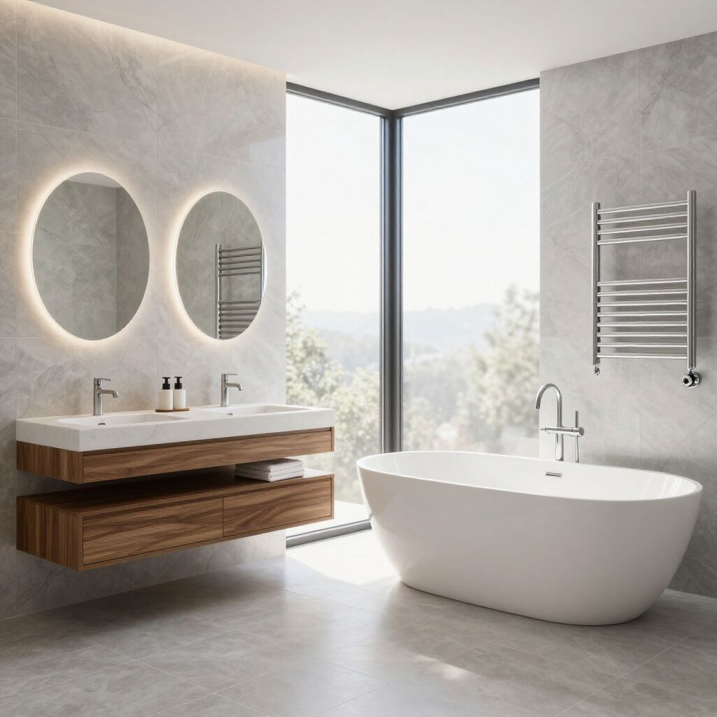 A modern, minimalist bathroom with a double vanity, round backlit mirrors, a freestanding tub, and a heated towel rack.