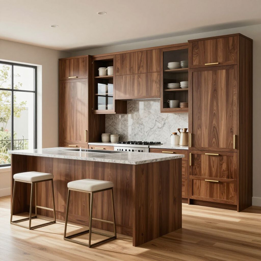 Modern kitchen featuring dark wood cabinetry, a marble-topped island with two bar stools, and warm recessed lighting.