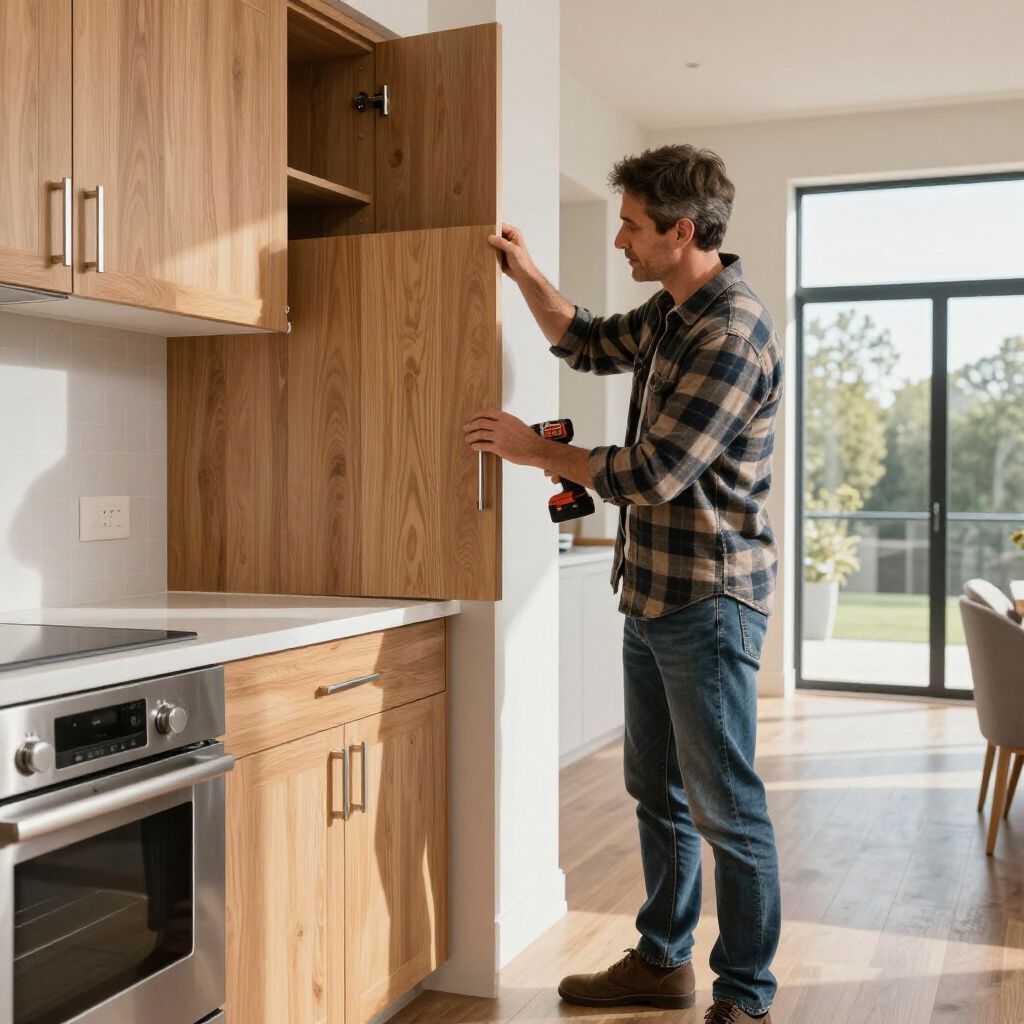 A person in a plaid shirt installs a wooden cabinet door in a kitchen using a power drill.