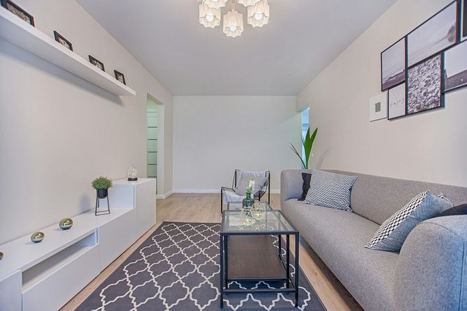 Modern living room with a gray sofa, glass coffee table, white shelving, and a gray patterned rug on light wood floors.
