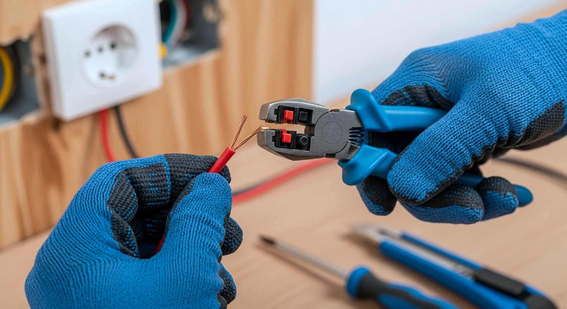 Hands stripping wire for residential electrical upgrades with professional tools and gloves.
