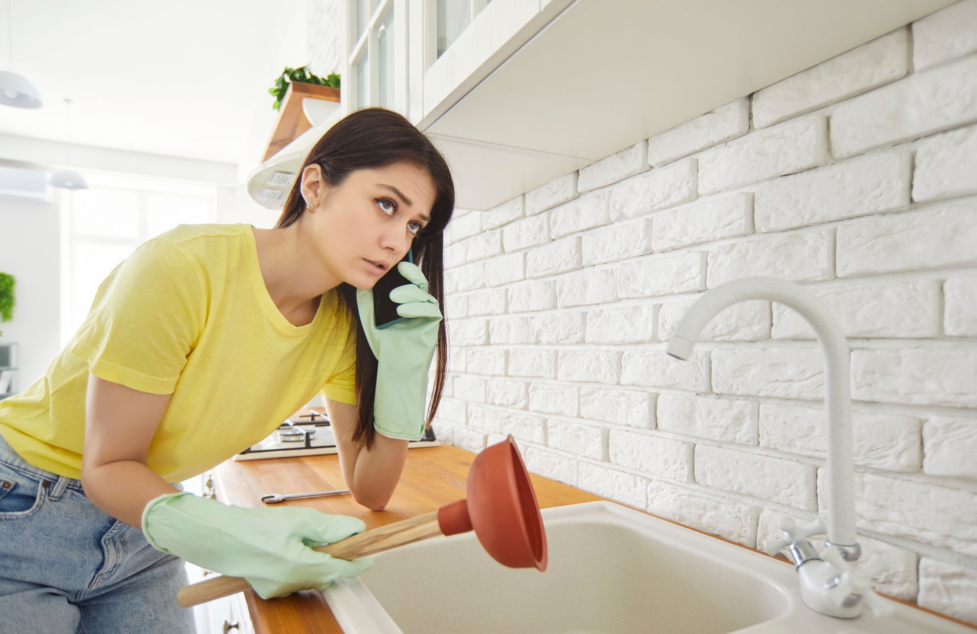 Worried young woman in rubber gloves.