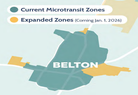 The map shows the expanded coverage for The HOP’s microtransit service
starting Jan. 1, 2026.