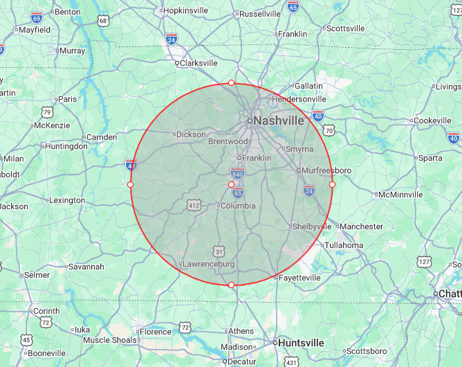 Map of Nashville area with a red circle highlighting a central region and nearby roads and cities