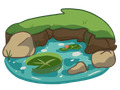 Illustrated logo of a pond with lilypads