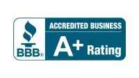 BBB Accredited Business logo with A+ rating, blue and white colors.