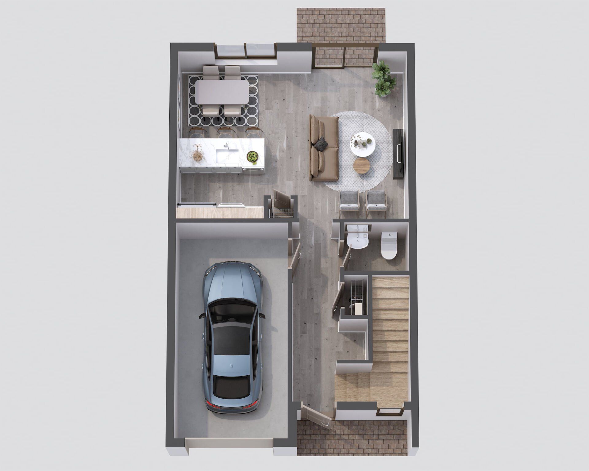 a floor plan of a house with a car in the garage .