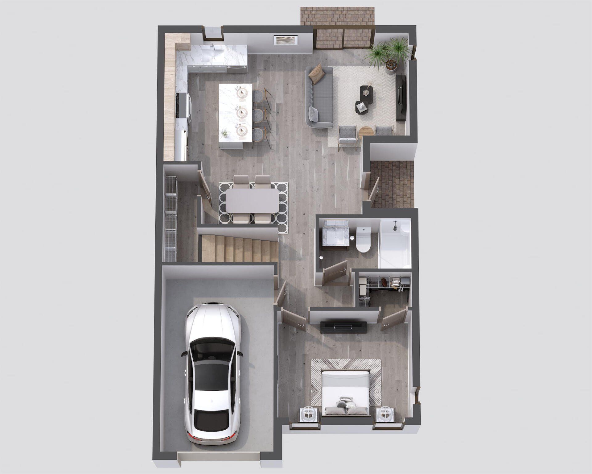 a 3d floor plan of a house with a car in the garage .