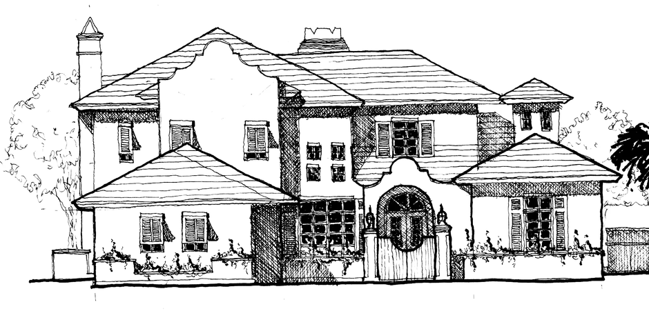 a black and white drawing of a large house