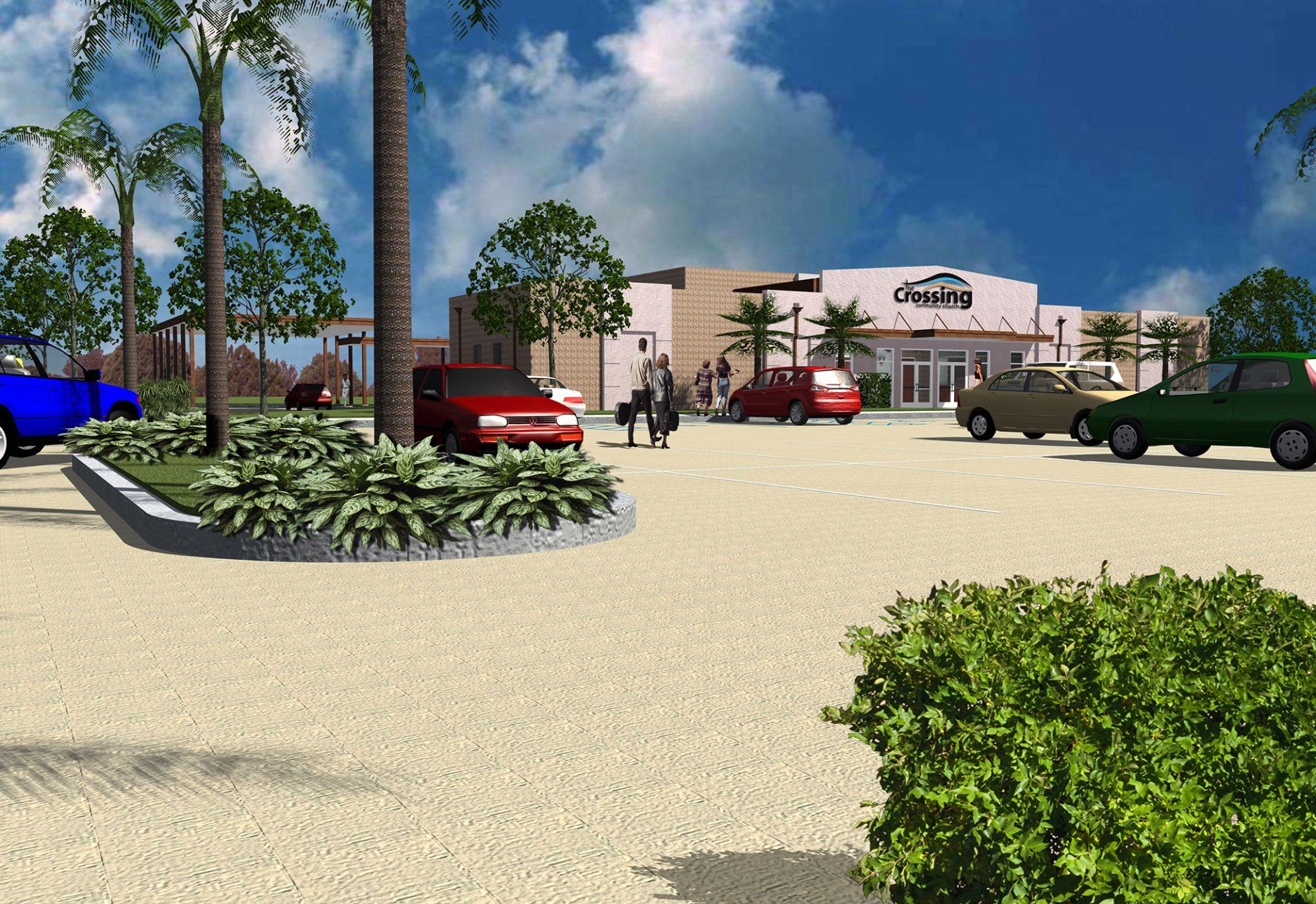 a computer generated image of a parking lot with cars parked in front of a building that says cayman 's