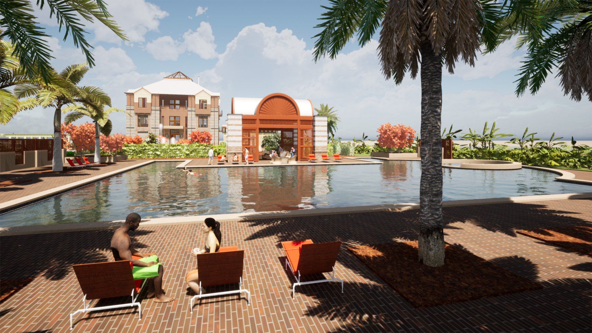 an artist 's impression of a swimming pool with a building in the background .