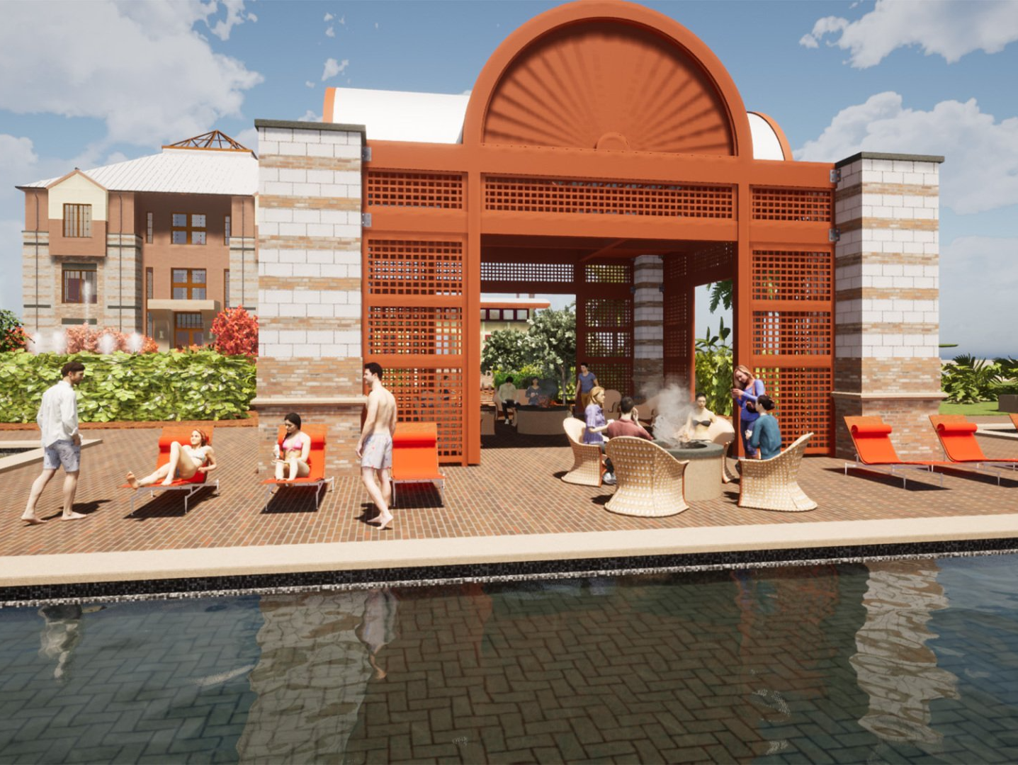 a group of people are standing around a swimming pool .