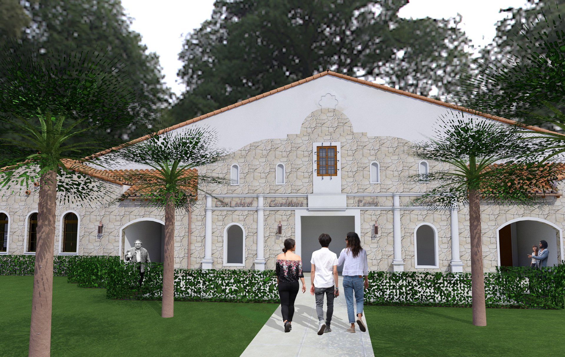 a group of people are walking in front of a building