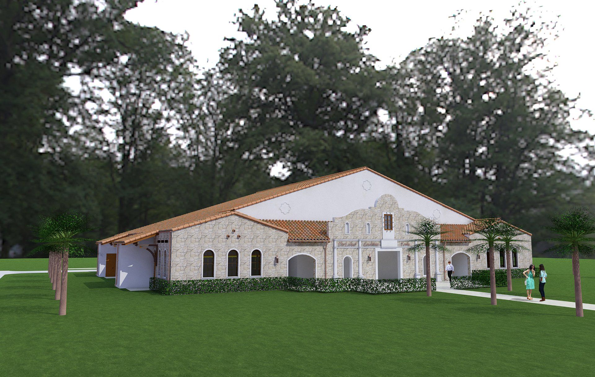 a computer generated image of a house with trees in the background