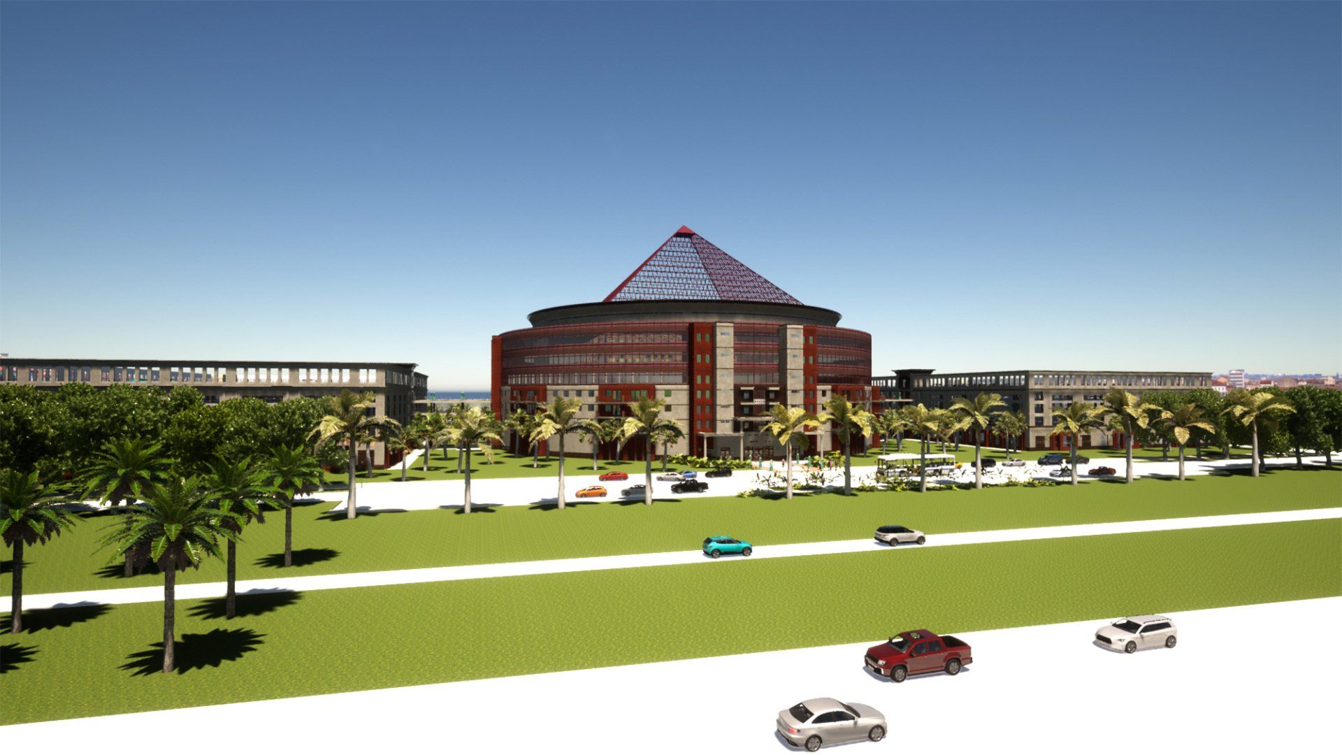 an artist 's impression of a large building with a pyramid shaped roof